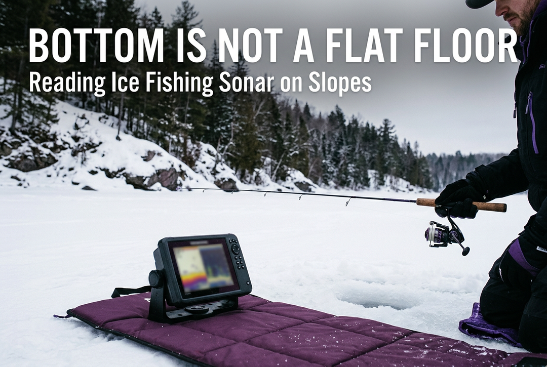Ice angler and portable sonar near a snowy rocky shoreline beneath the headline Bottom Is Not a Flat Floor.