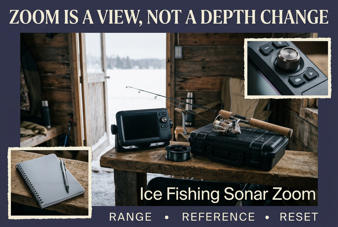 Sonar unit with a dark screen beside an ice fishing rod and reel, with control-dial and notebook insets, titled Zoom Is a View, Not a Depth Change.