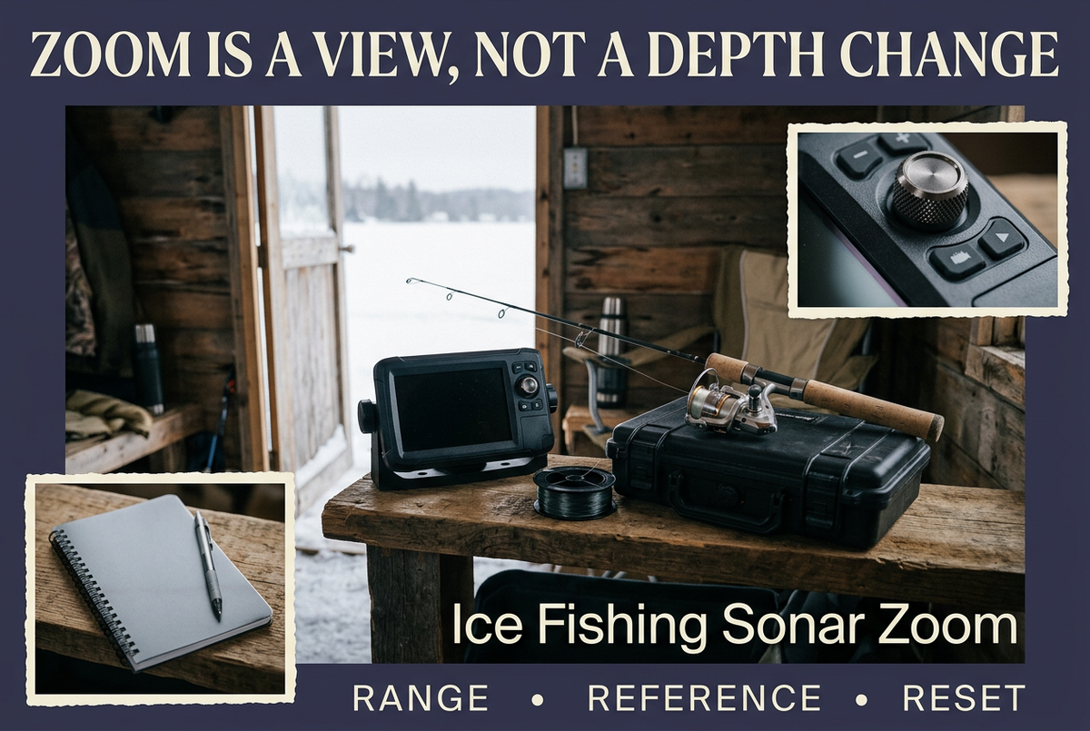 Sonar unit with a dark screen beside an ice fishing rod and reel, with control-dial and notebook insets, titled Zoom Is a View, Not a Depth Change.