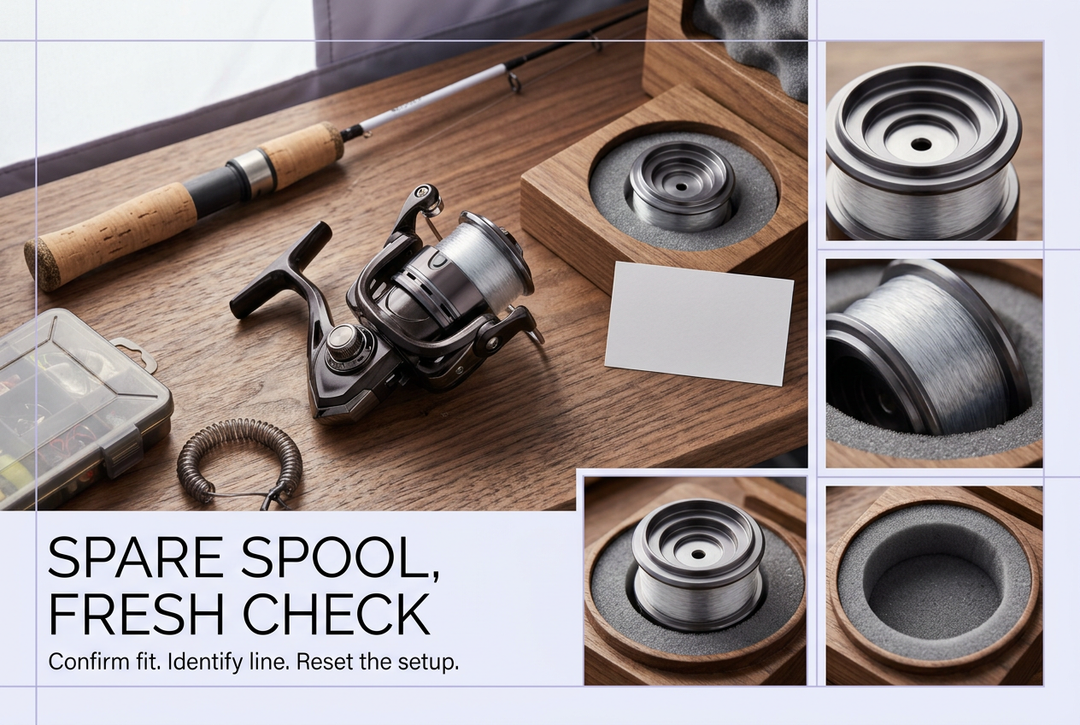 Compact spinning reel and a separately stored spare spool on a wood bench, with line and spool-lip detail photographs.