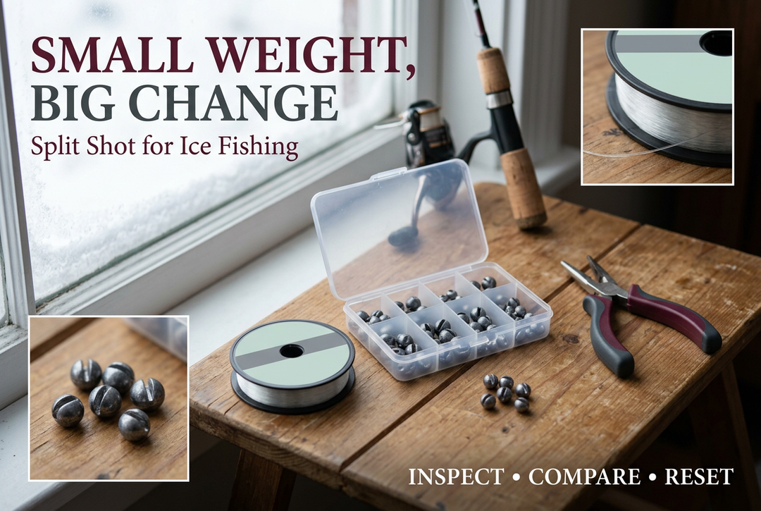 Split-shot weights, a line spool and pliers on a winter tackle bench, with the English headline Small Weight, Big Change