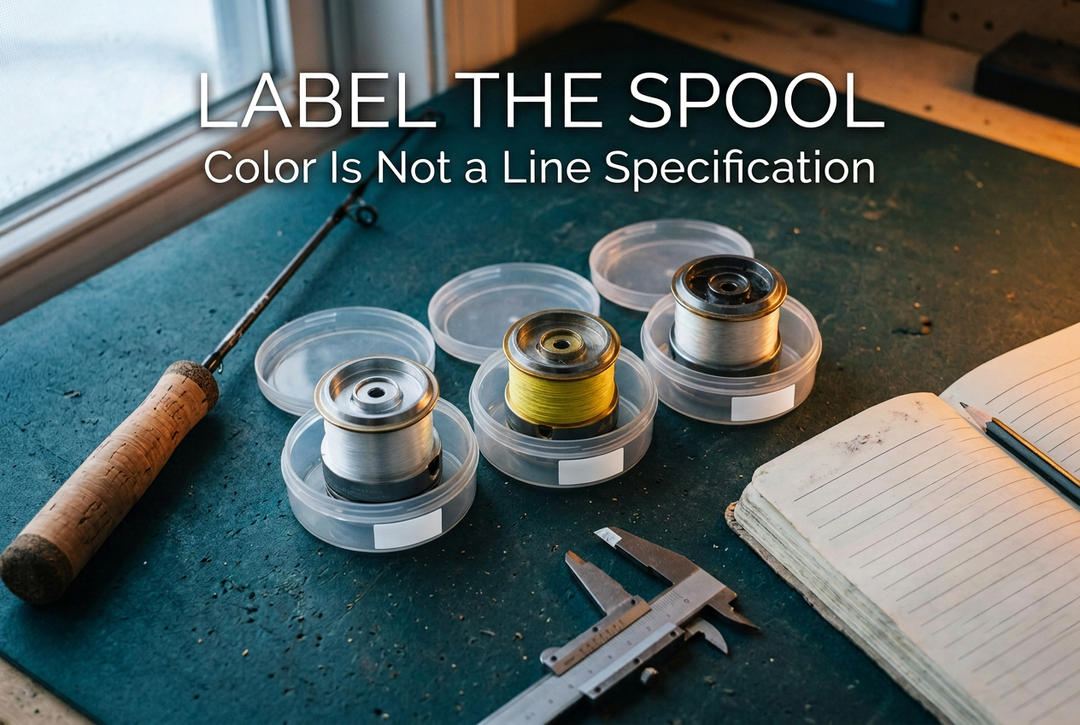 Three spinning reel spools in clear containers labeled on the outside, beside an ice rod and notebook beneath the title Label the Spool.