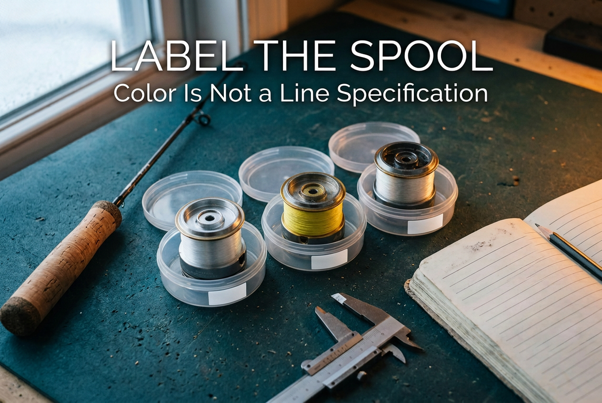 Three spinning reel spools in clear containers labeled on the outside, beside an ice rod and notebook beneath the title Label the Spool.