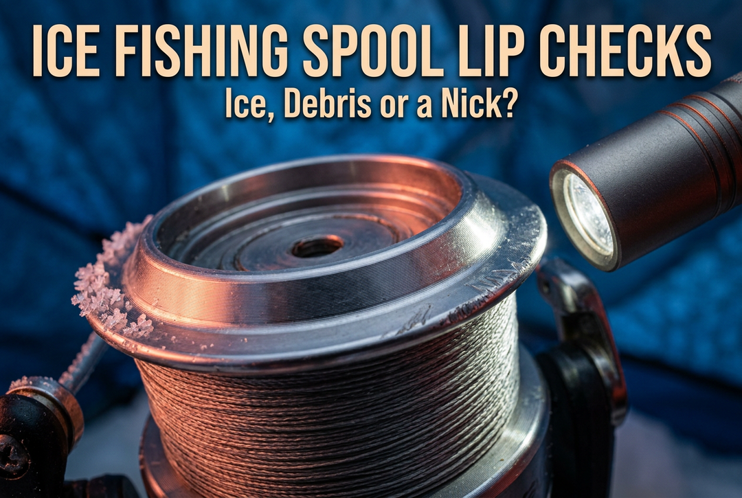 Close-up of a spinning-reel spool rim with frost along one edge and an inspection light beneath the title Ice Fishing Spool Lip Checks.