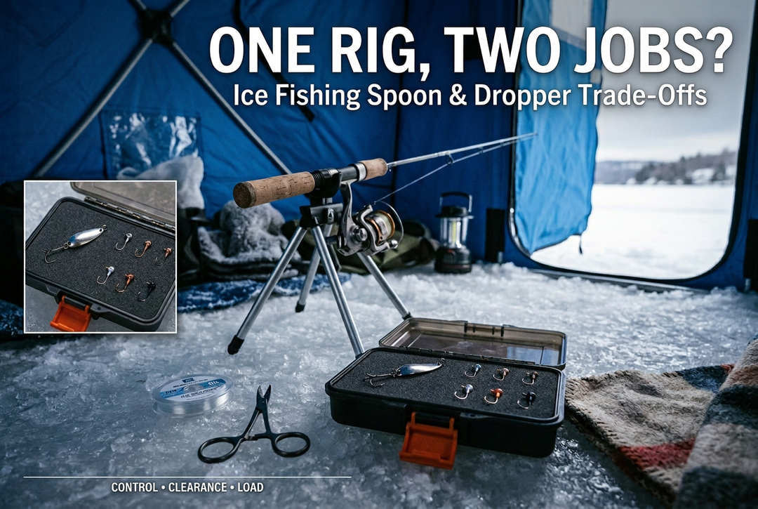 Ice spoon and small hooks in a tackle tray beside a spinning rod inside a blue shelter, with the English headline One Rig, Two Jobs?