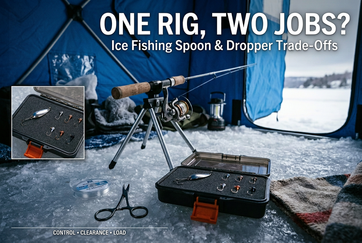 Ice spoon and small hooks in a tackle tray beside a spinning rod inside a blue shelter, with the English headline One Rig, Two Jobs?