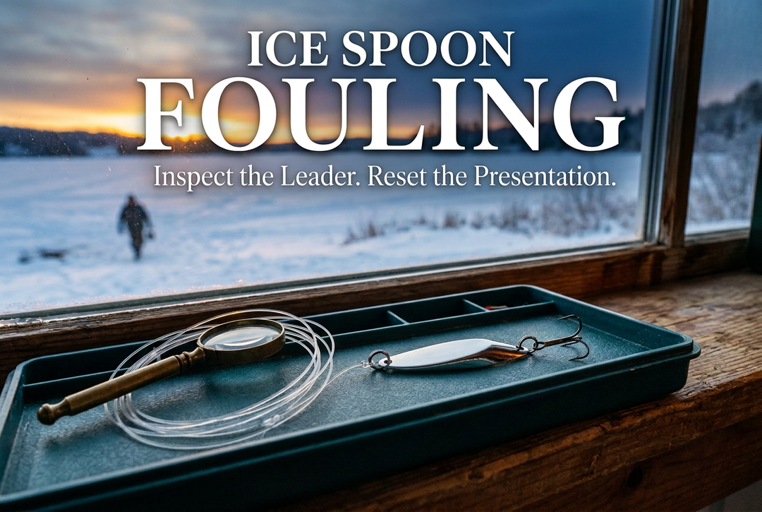 Silver fishing spoon, coiled leader and magnifier in a tackle tray beside a snowy lake window, beneath the title Ice Spoon Fouling.