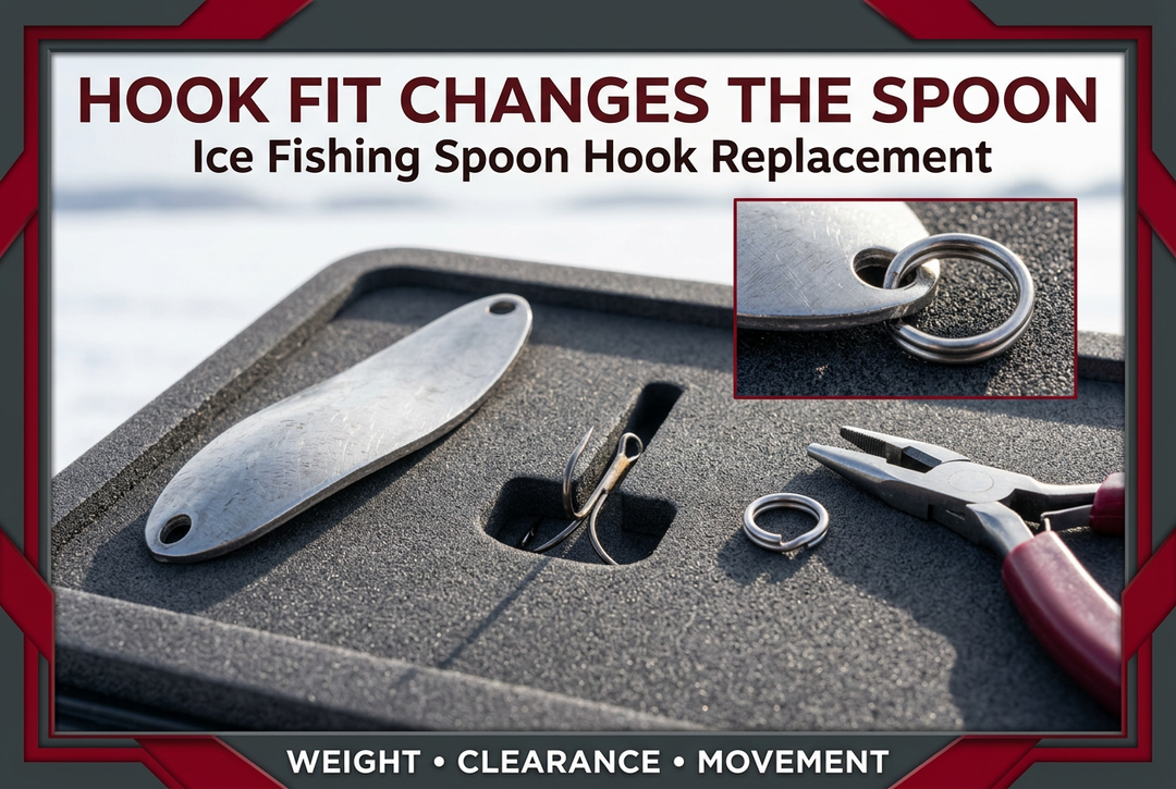 Silver ice fishing spoon, replacement hook and split-ring tool in a graphite tray, with the headline Hook Fit Changes the Spoon