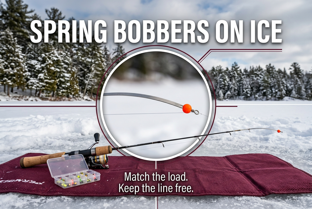 Leaf-style spring bobber detail above a short ice fishing rod and tackle on a burgundy mat in a snowy setting.