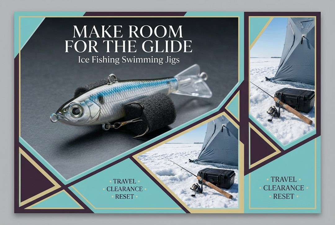 Horizontal swimming ice lure with an upper attachment eye on foam beside winter rod-and-case photographs, titled Make Room for the Glide