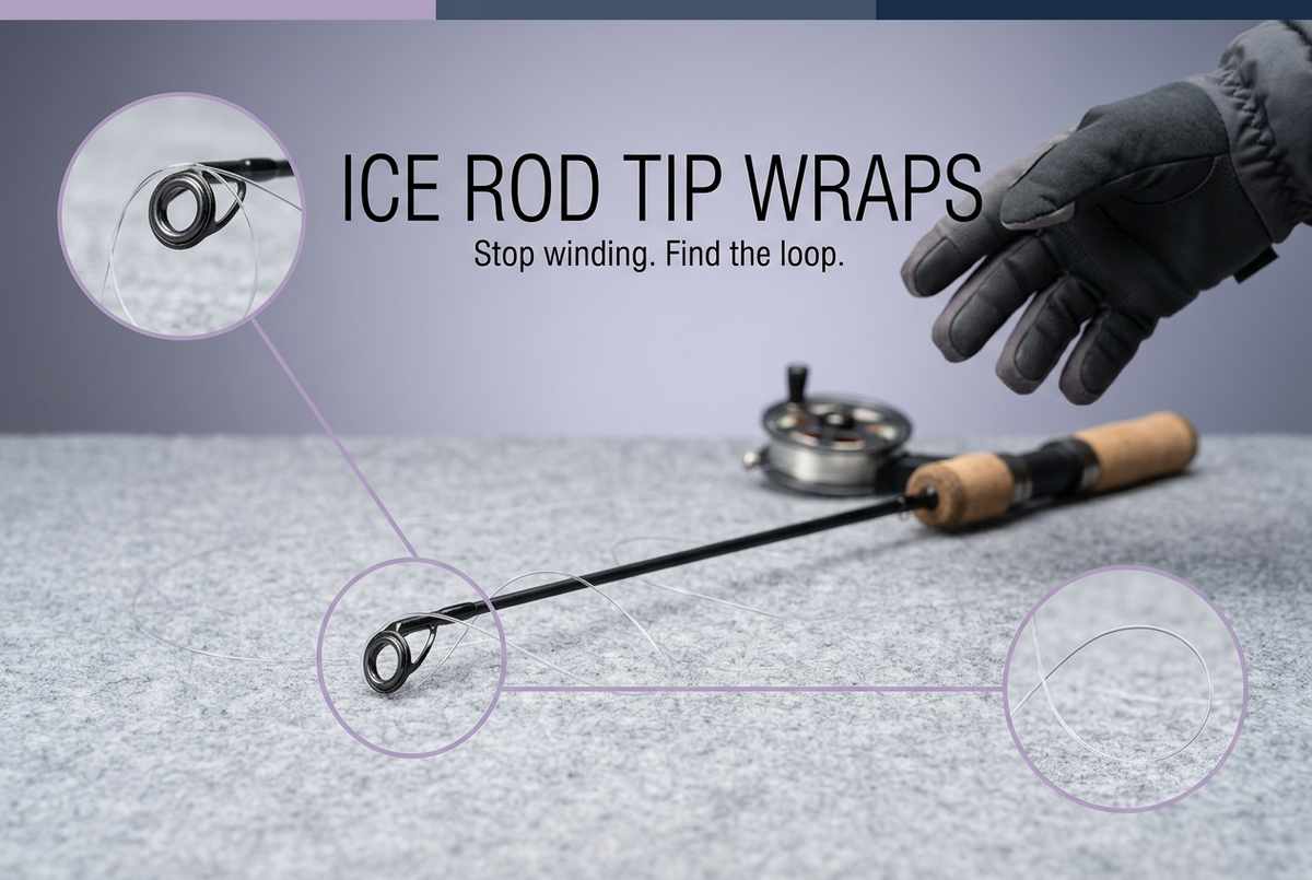 Short ice fishing rod on gray felt with magnified views of a loose line loop near the tip guide.