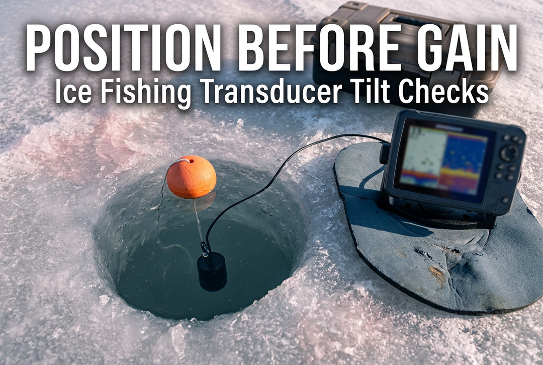Orange float and suspended black transducer at an ice hole beside a portable sonar beneath the headline Position Before Gain.