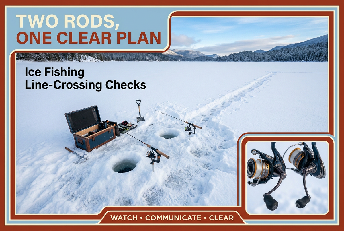 Two ice fishing rods in separate holders near separate holes, with the English headline Two Rods, One Clear Plan