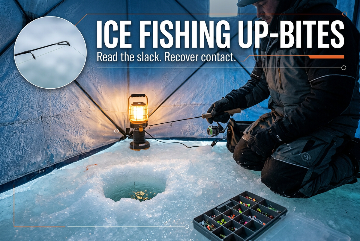 Ice fishing shelter scene with a short spinning rod above an ice hole and the headline Ice Fishing Up-Bites.