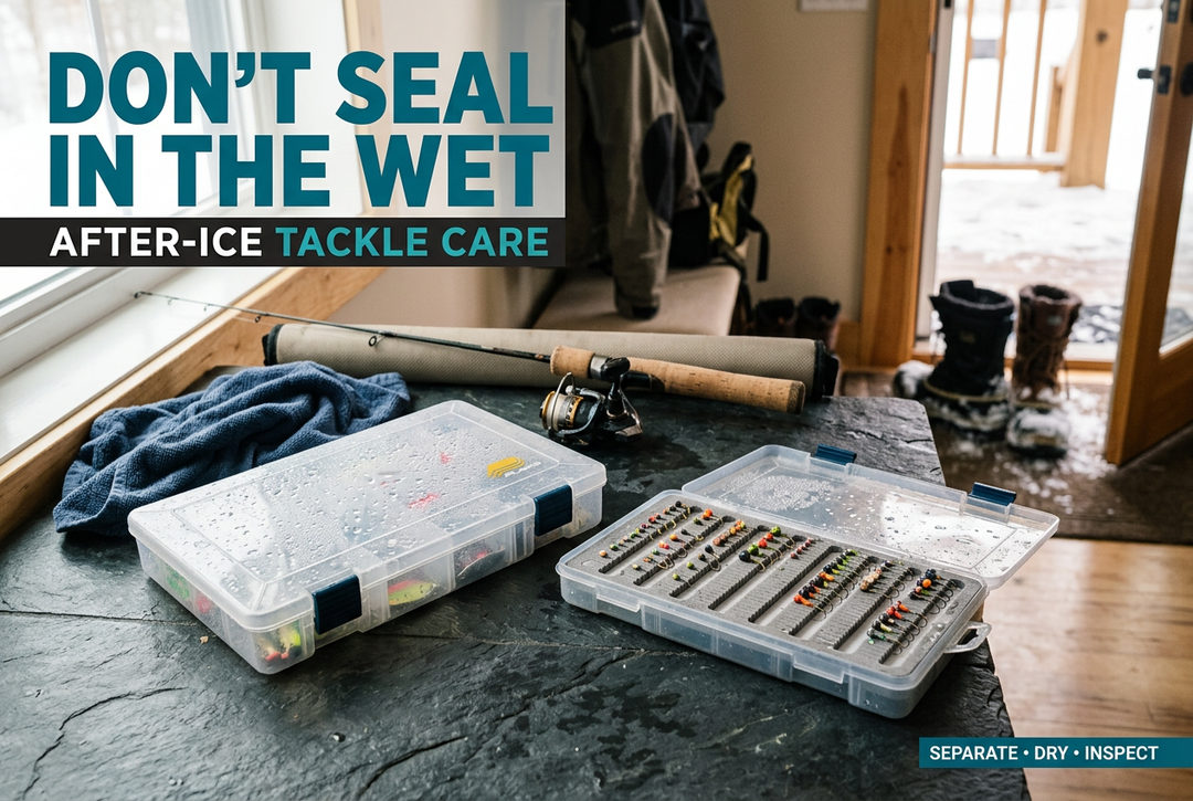 Condensation on tackle boxes beside an ice fishing rod in a mudroom, with English text Don't Seal in the Wet