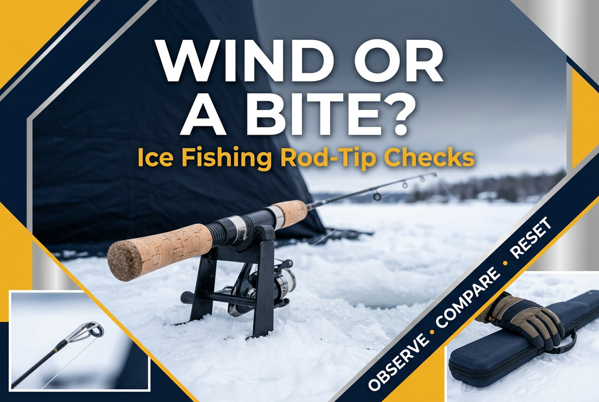 Short ice fishing spinning rod in a holder beside a shelter, with guide and glove insets and the English headline Wind or a Bite?