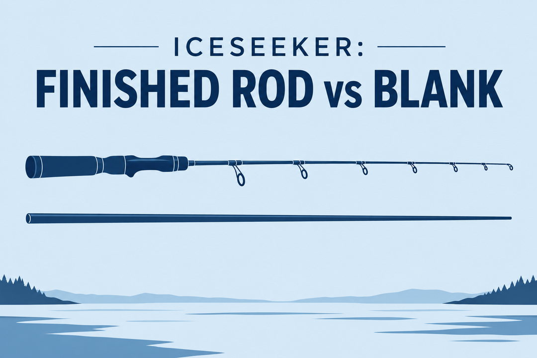 Illustrated Iceseeker finished rod versus blank cover showing an assembled rod above a bare blank