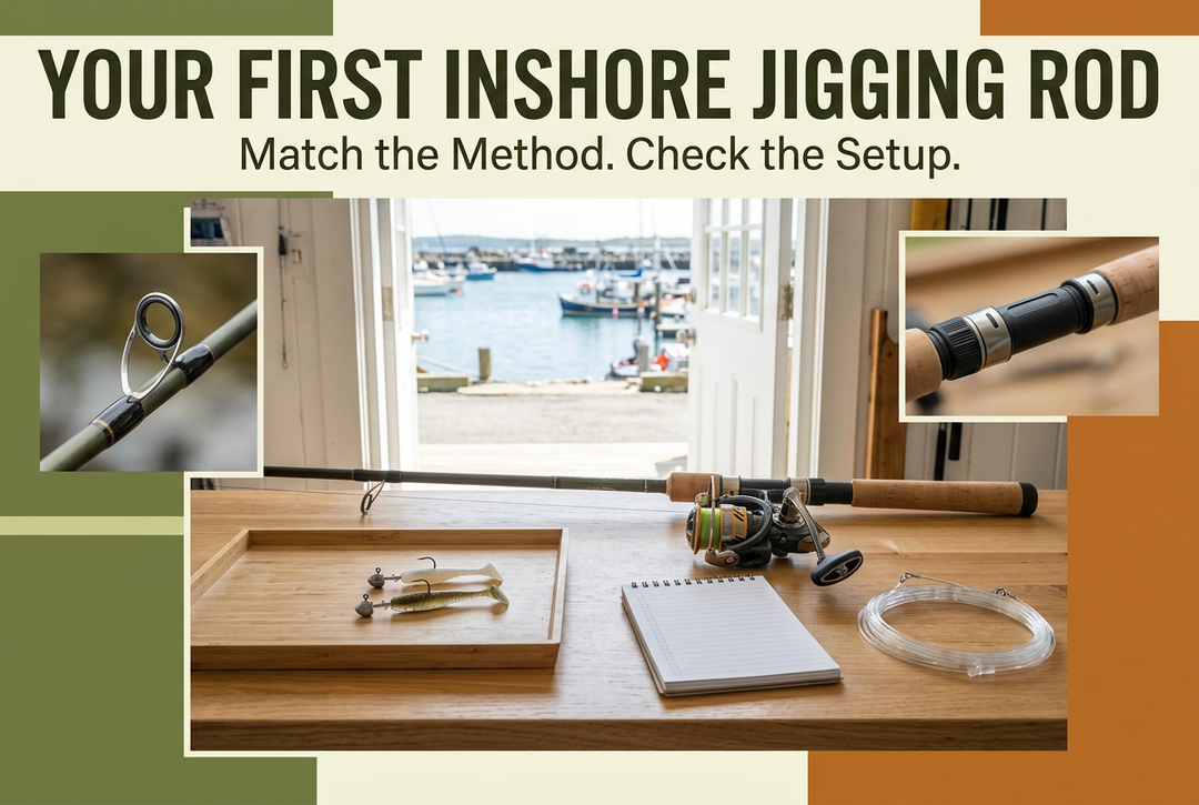 Beginner inshore jigging rod guide showing a spinning outfit, soft lures and leader coil on a preparation bench overlooking a harbor.