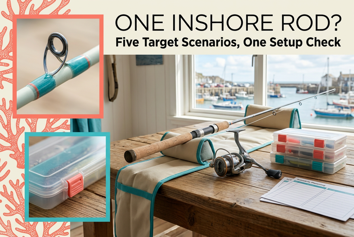 One Inshore Rod cover showing a generic supported spinning rod, separate reel and tackle cases on a harbour-window table, with coral and turquoise detail panels.