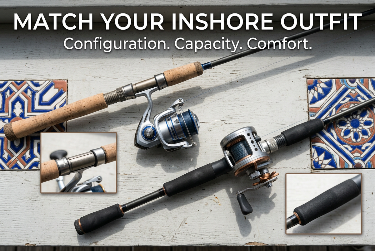 Inshore outfit matching guide showing generic spinning and conventional rod-and-reel configurations on a workbench with reel-seat detail insets.