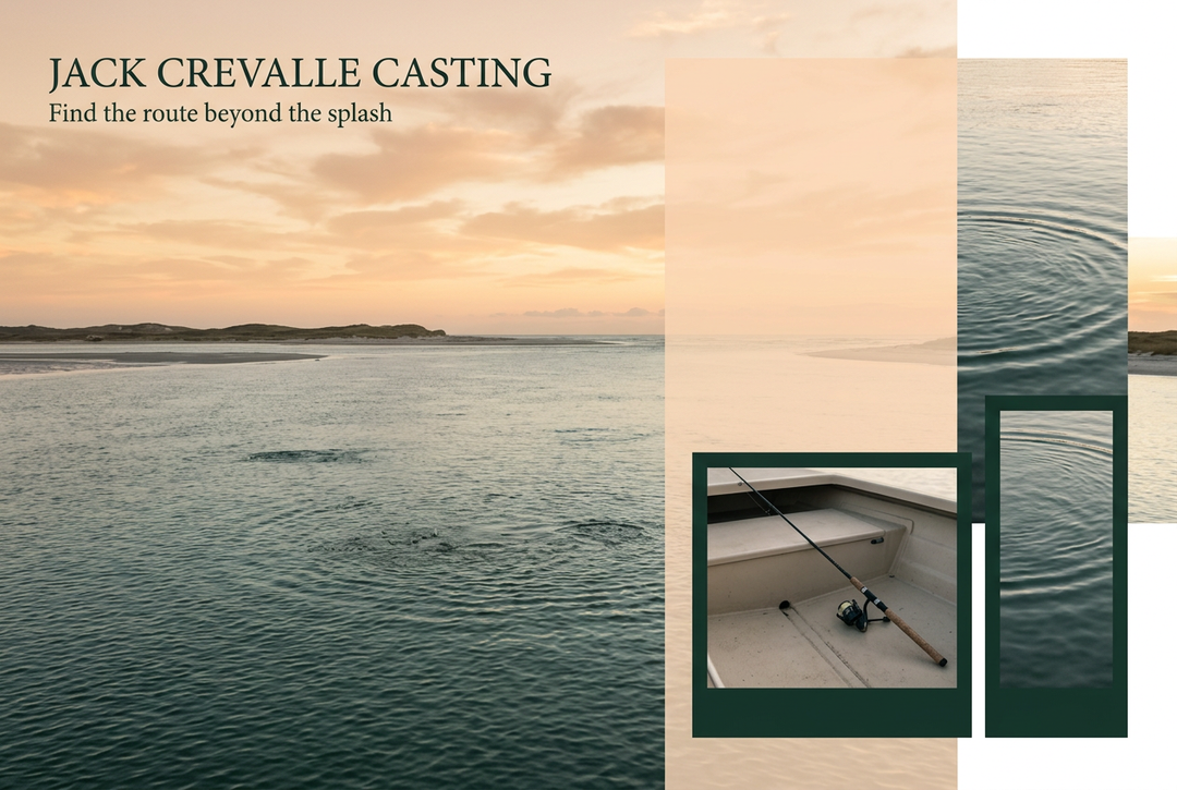 Peach sunrise over a coastal inlet with surface disturbances, ripple panels and a spinning-rod inset, headed Jack Crevalle Casting: Find the route beyond the splash.