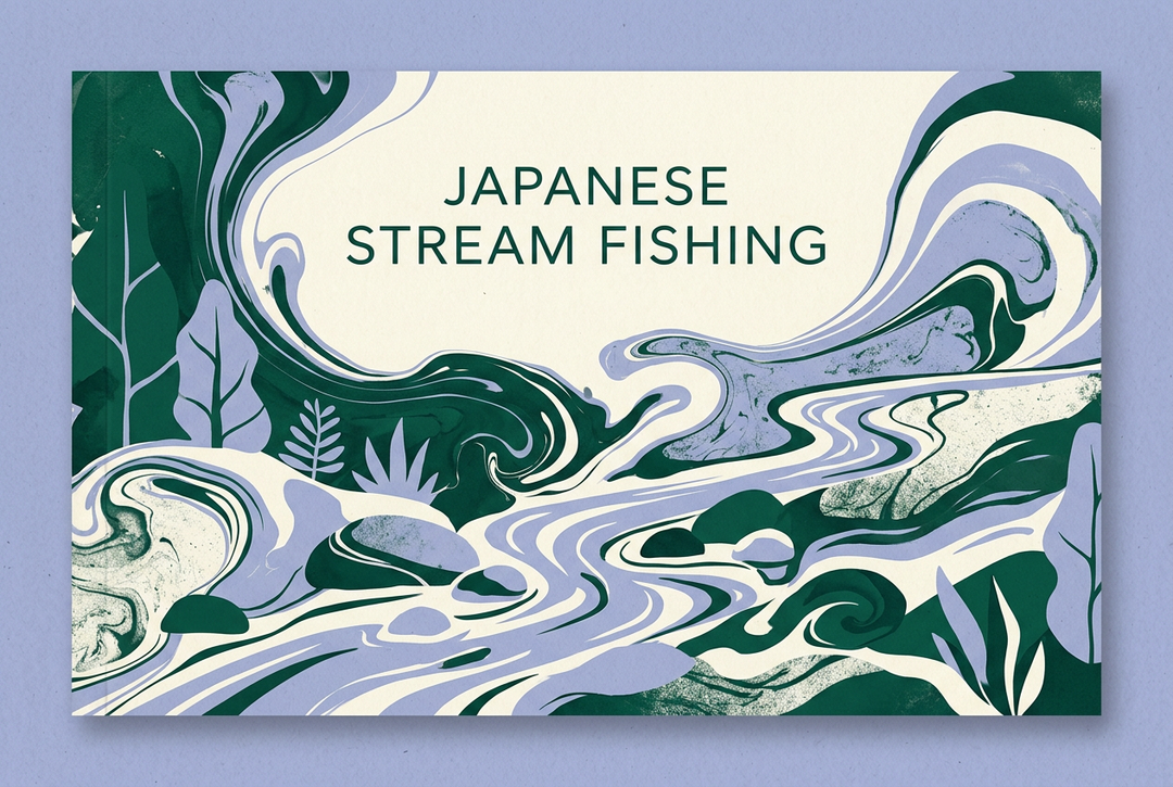 Emerald, pale-purple and ivory marbled-ink illustration of a forest stream and stones beneath the heading Japanese Stream Fishing.