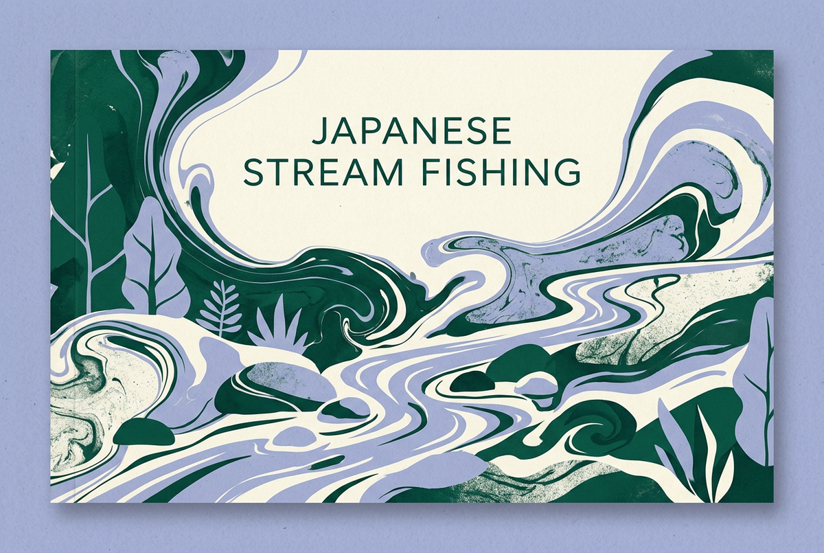 Emerald, pale-purple and ivory marbled-ink illustration of a forest stream and stones beneath the heading Japanese Stream Fishing.