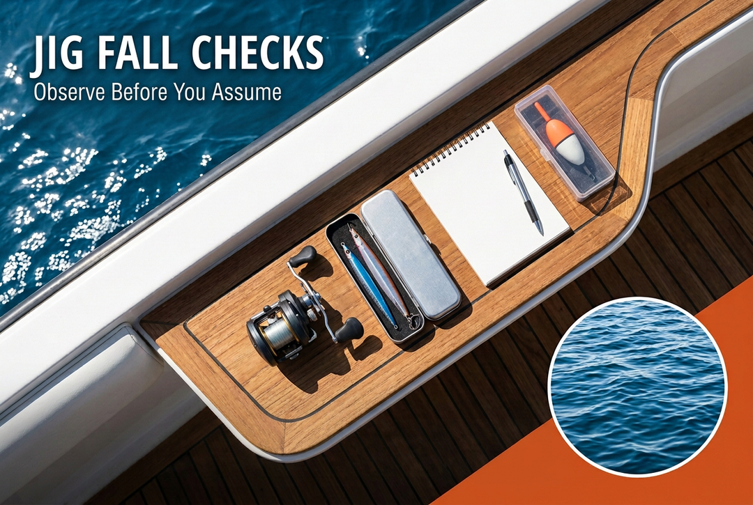 Jig Fall Checks cover showing a generic overhead reel, jig case, blank notebook and separately boxed float on a diagonal boat counter, with blue water and a circular ripple inset.
