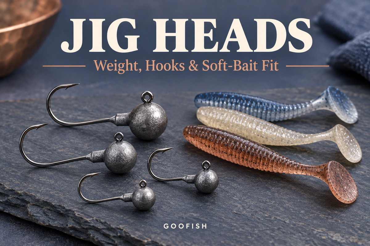 Jig Heads guide cover showing generic unrigged weighted hooks beside separate paddle-tail soft baits