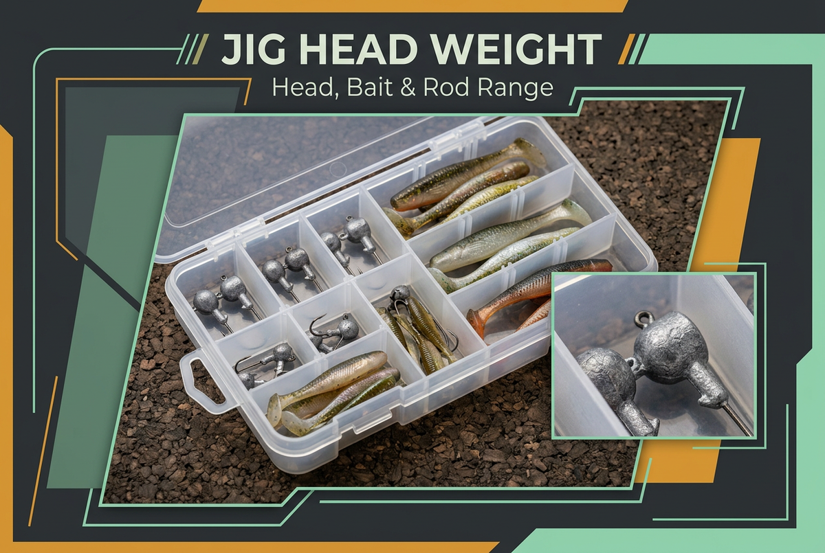 Jig Head Weight cover showing generic jig heads and soft plastic baits in a compartmented tackle tray, with an enlarged head detail and charcoal, amber and mint framing.