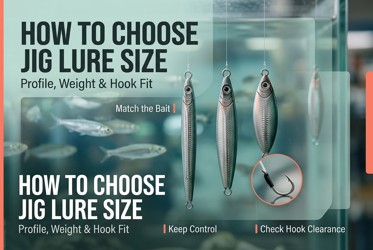Slim and broad metal jigs displayed beside baitfish imagery and a hook close-up, with an English jig lure size guide headline.