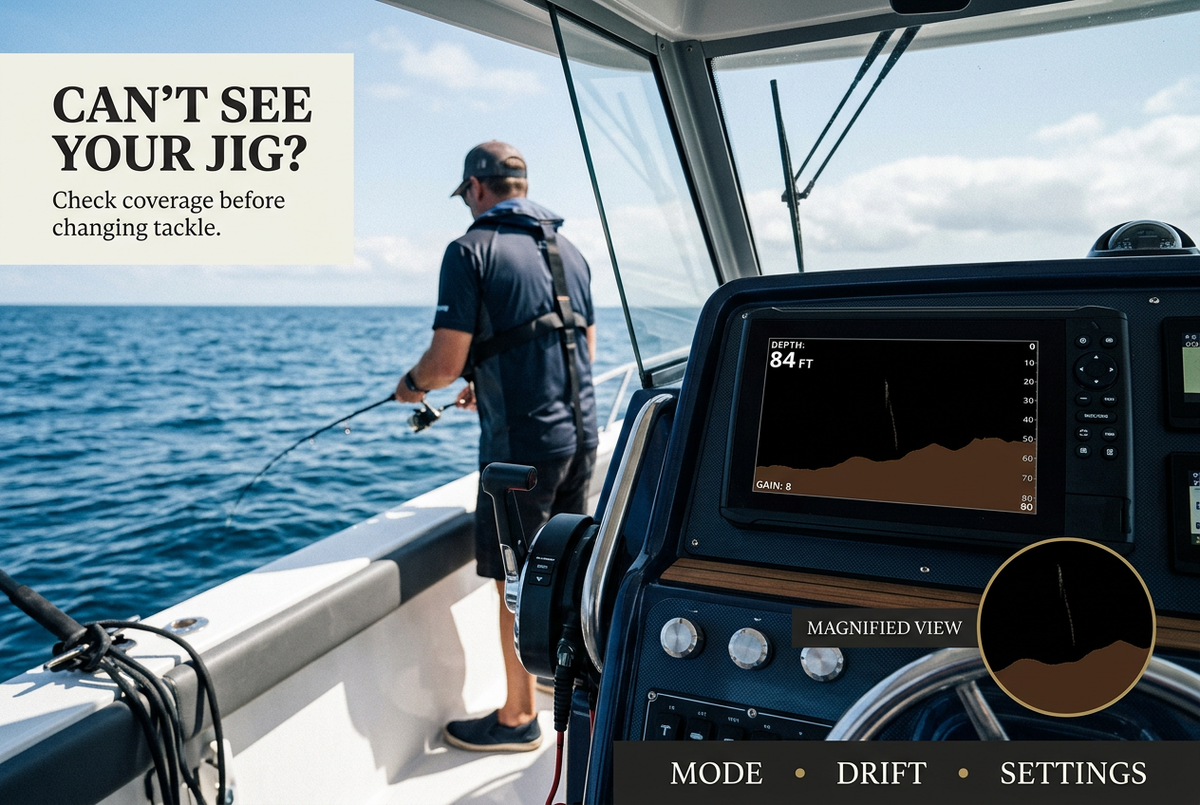 Boat helm with a generic sonar screen and an angler outside, beneath the English headline Can't See Your Jig?