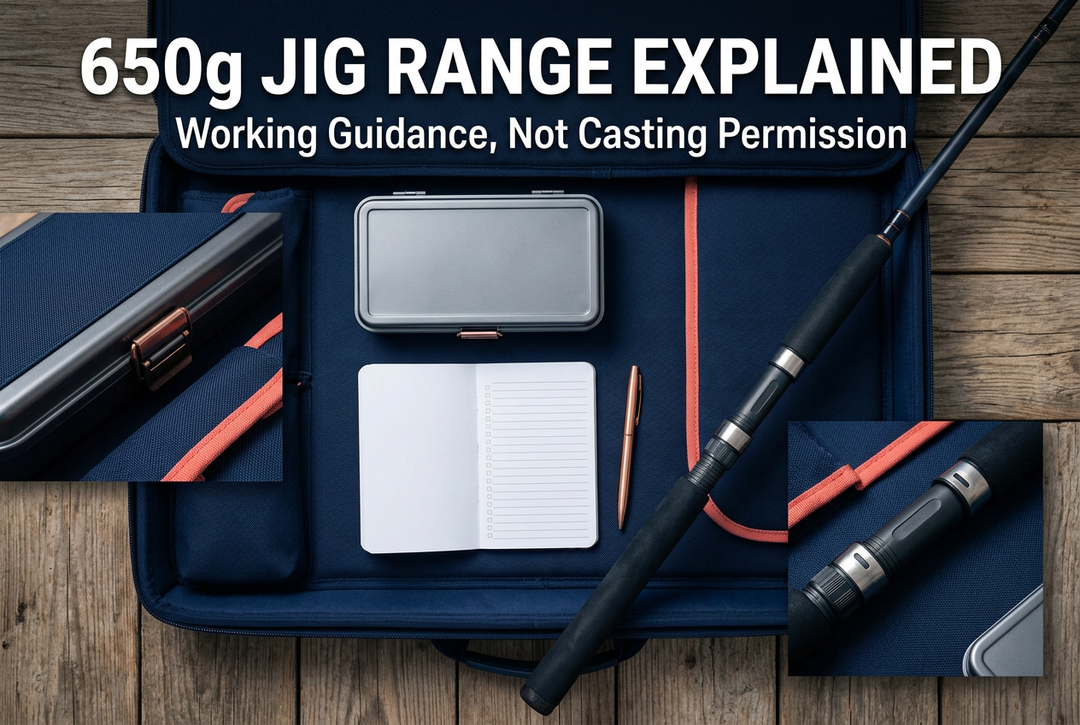 650g Jig Range Explained cover showing a generic unloaded rod grip, closed jig case and notebook on a navy padded tray, with case and reel-seat detail panels.