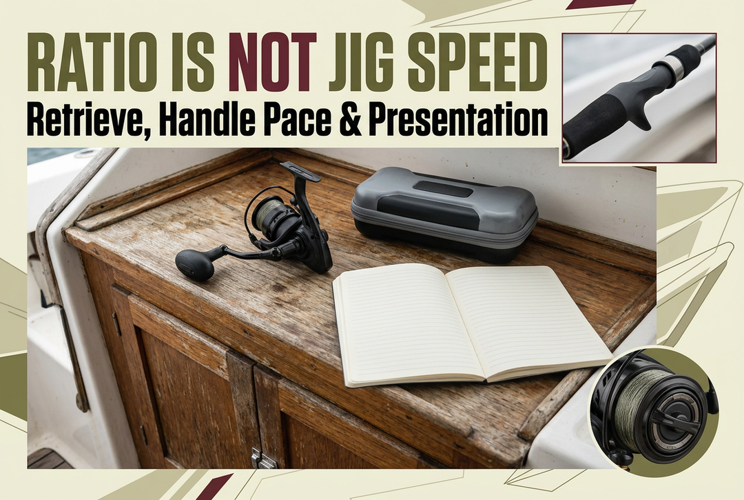 Ratio Is Not Jig Speed cover showing a generic reel, closed jig case and blank notebook on a boat cabinet, with grip and spool detail panels in olive and burgundy framing.