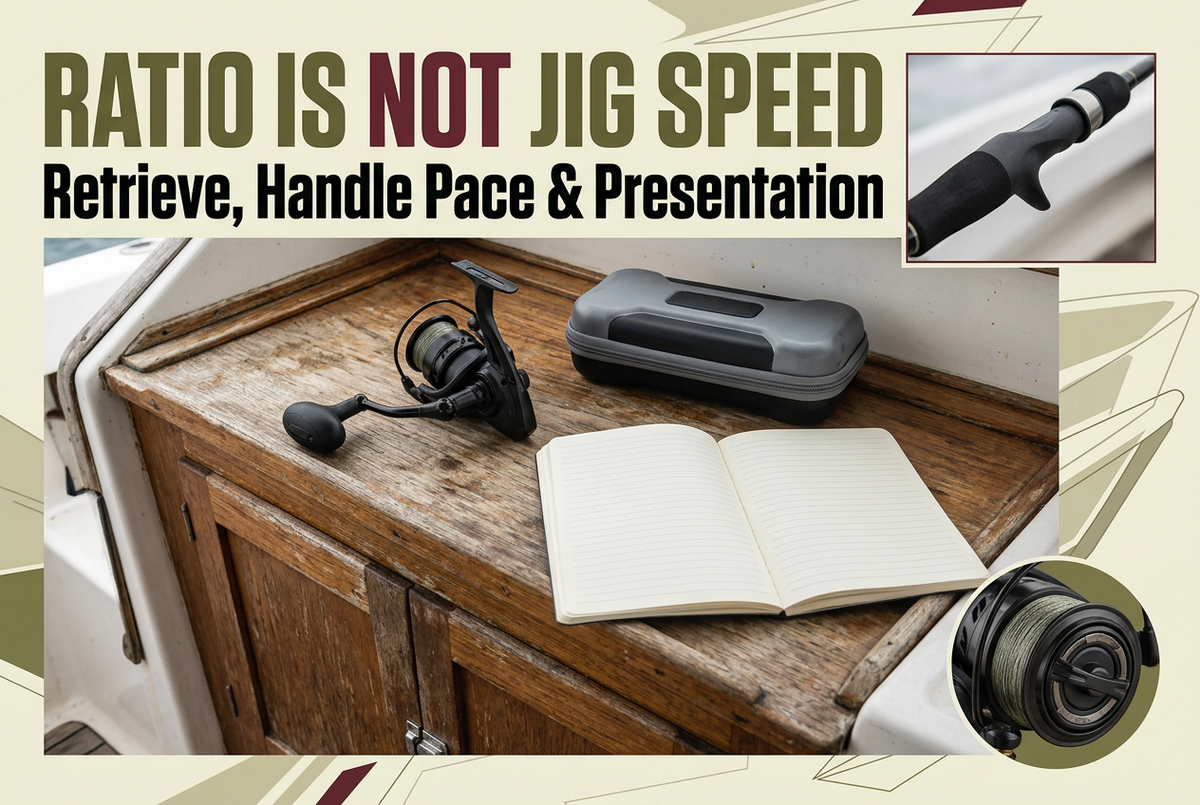 Ratio Is Not Jig Speed cover showing a generic reel, closed jig case and blank notebook on a boat cabinet, with grip and spool detail panels in olive and burgundy framing.