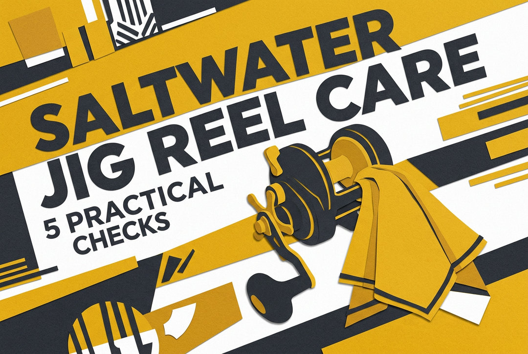 Mustard yellow, charcoal and white collage with a generic conventional jigging reel and cloth beneath Saltwater Jig Reel Care: 5 Practical Checks.