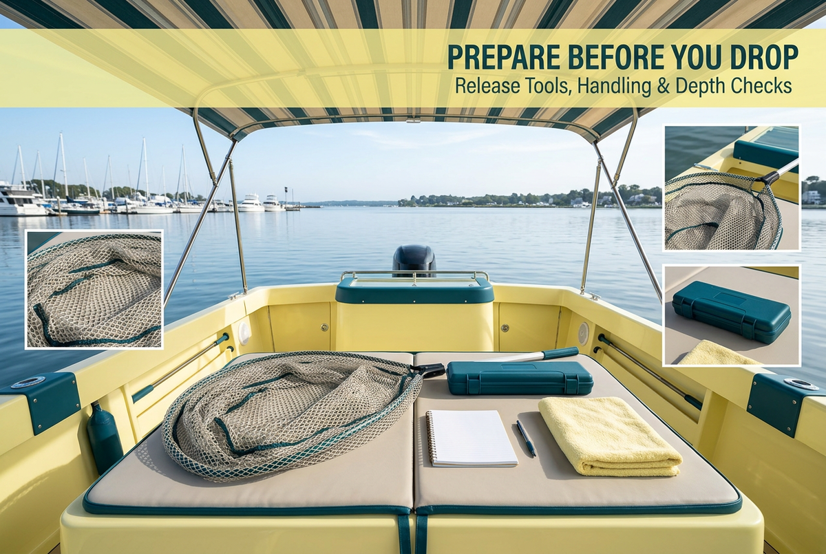 Prepare Before You Drop cover showing a generic landing net, closed tool case, notebook and towel on a boat table beneath a striped canopy, with marina and detail panels.