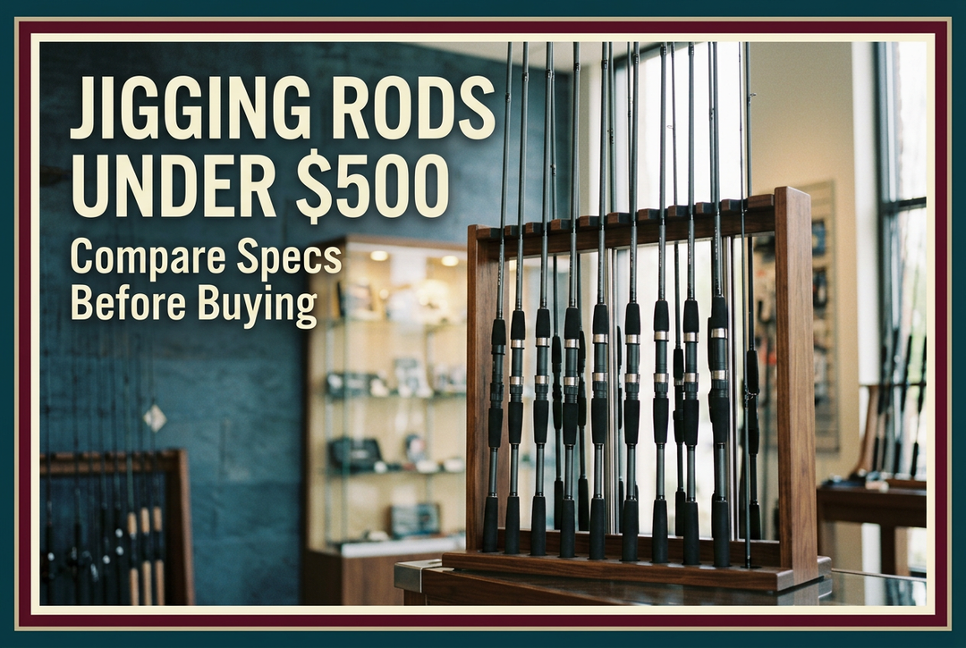 Jigging Rods Under 500 Dollars cover showing generic fishing rods secured in a showroom rack, with Compare Specs Before Buying text.