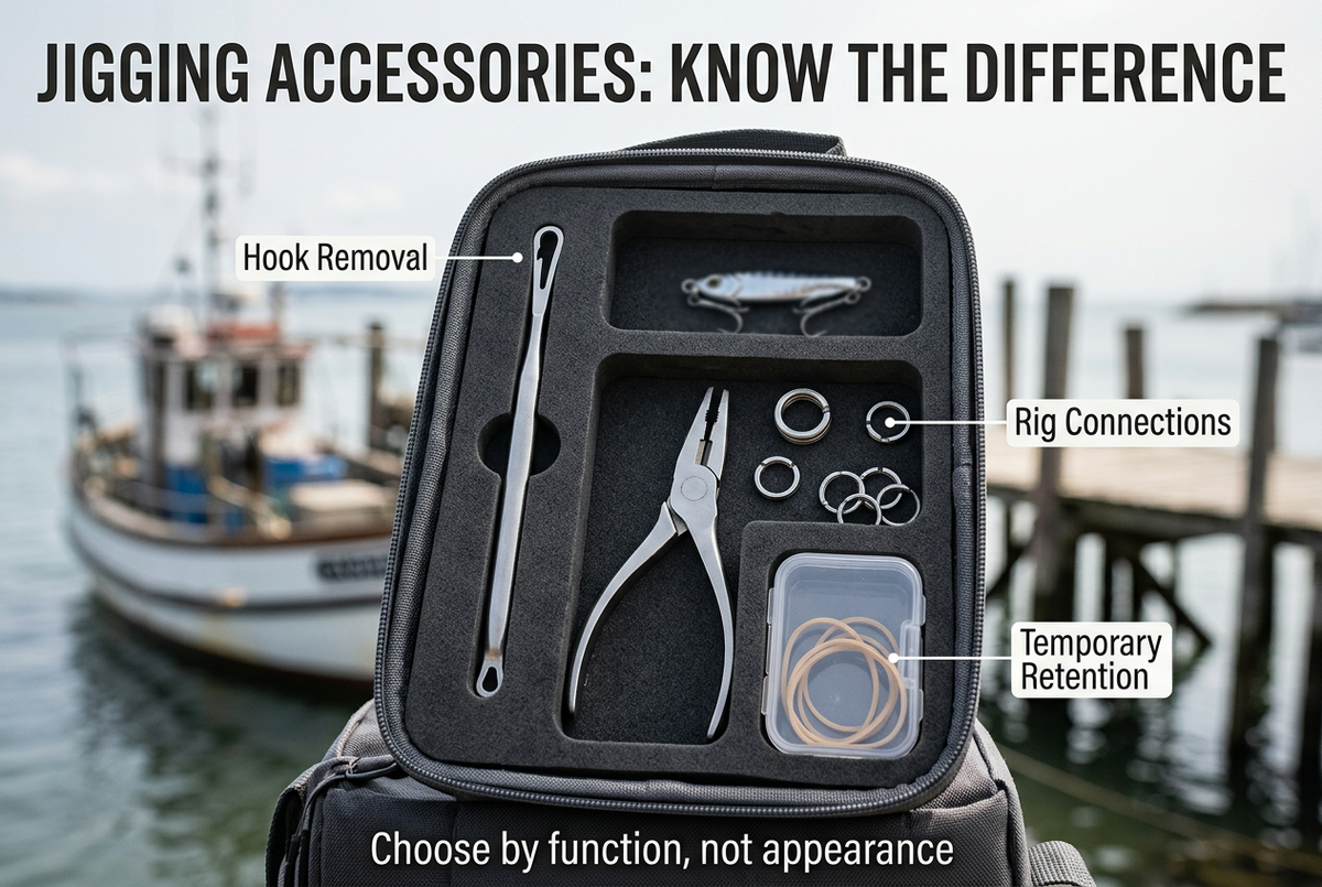 Fishing accessory case with a hook-removal tool, pliers, connection rings and separately stored rubber bands, labeled by function.