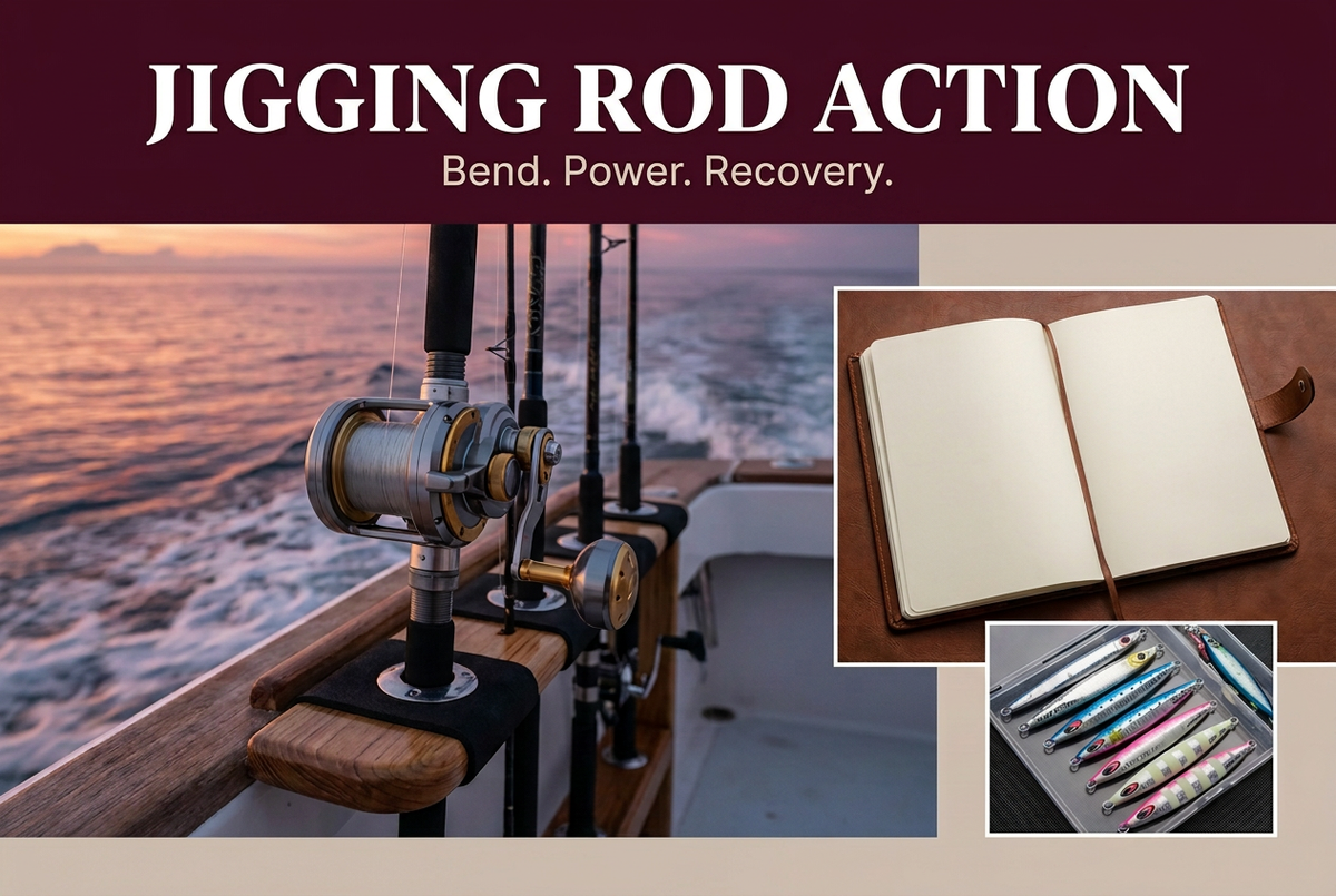 Dawn boat scene with an overhead rod and reel, blank notebook and jig-tray insets beneath Jigging Rod Action and Bend Power Recovery.