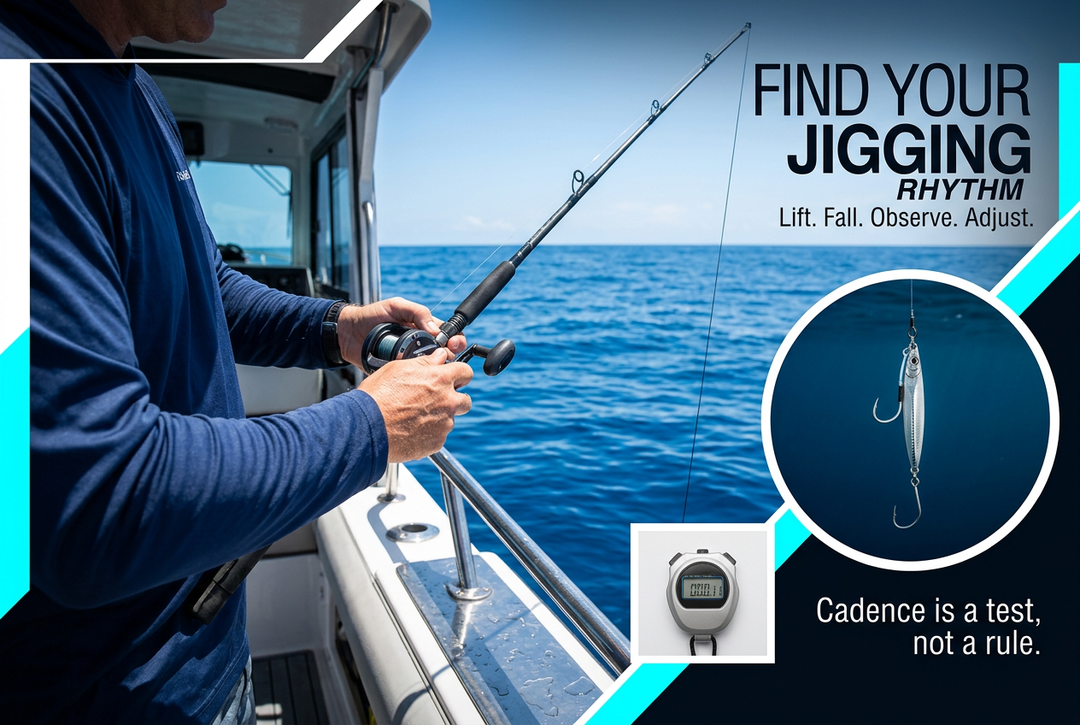Angler operating a conventional jigging reel over blue offshore water, with inset images of a metal jig and stopwatch and the title Find Your Jigging Rhythm.