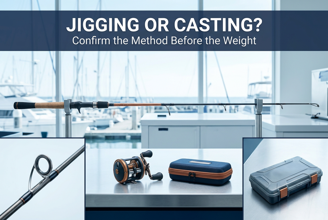 Jigging or Casting cover showing a generic straight rod on marina-workstation supports, a separate overhead reel and tackle case, with guide and case detail panels.