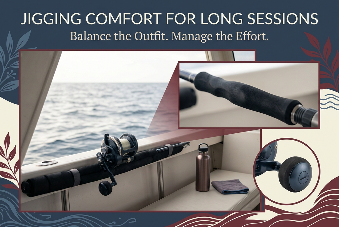 Long-session jigging comfort guide showing a supported conventional outfit, grip and handle details, and a water bottle in a shaded boat cockpit.