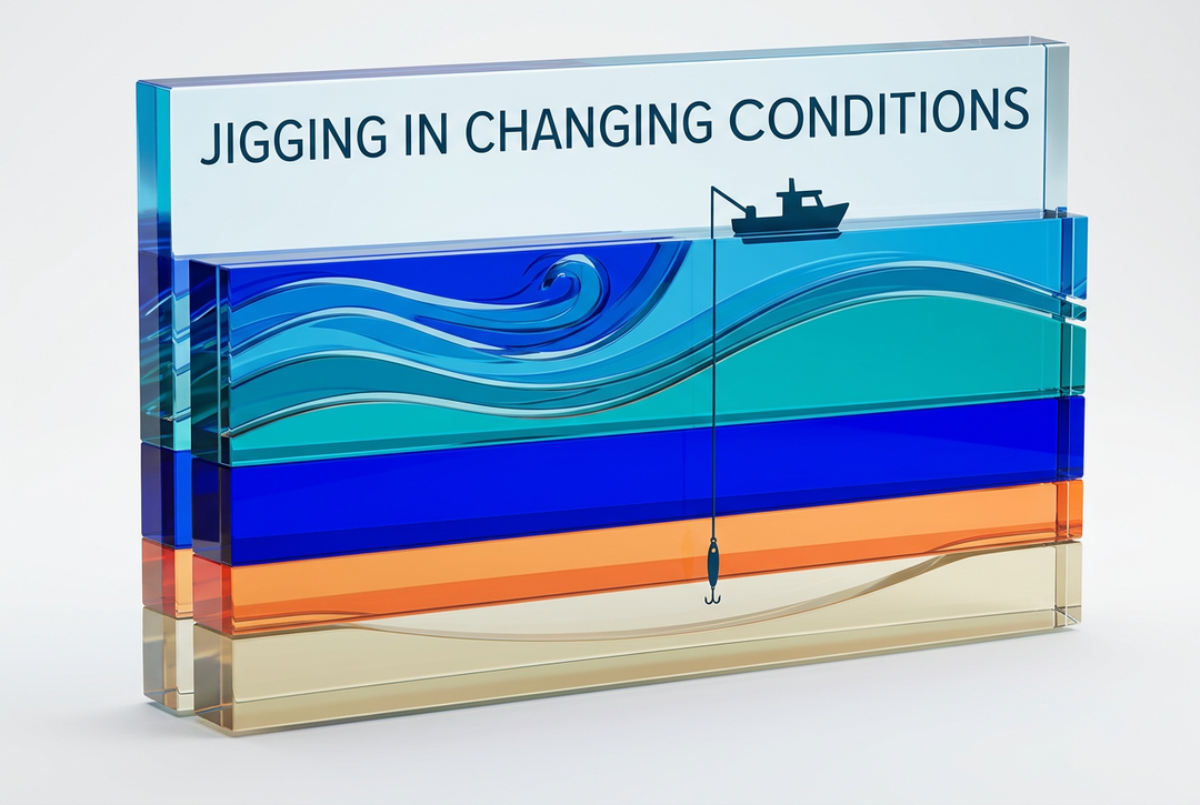 Blue, orange and sand-coloured layered acrylic-style water illustration with a boat and vertical jig line titled Jigging in Changing Conditions.