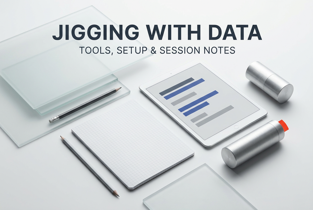 Minimal gray studio concept with a generic tablet, notebook, pencil and metal objects under Jigging with Data: Tools, Setup and Session Notes.