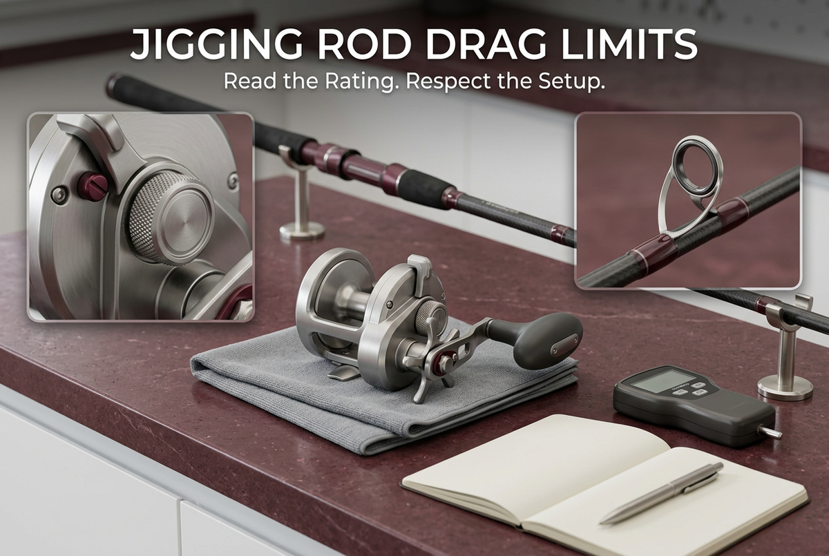 Generic stationary reel, supported unloaded rod, blank notebook and unconnected gauge on a burgundy counter, titled Jigging Rod Drag Limits.