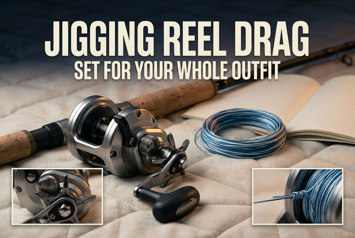 Jigging reel drag guide with a conventional reel, rod grip and coiled line on a padded surface.