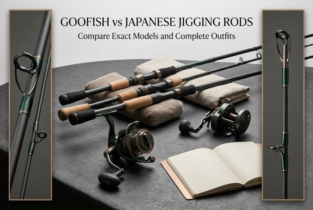 GOOFISH vs Japanese Jigging Rods cover with generic unloaded rods on padded supports, separate spinning and overhead reels, blank notebook and tall guide-detail photo panels.