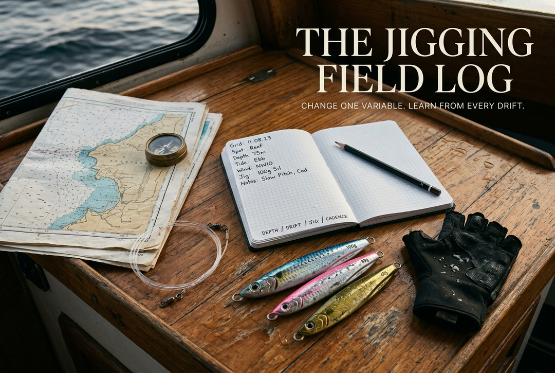Photorealistic editorial illustration of a jigging field notebook, three metal jigs, chart and compass on a wooden boat table, titled The Jigging Field Log.