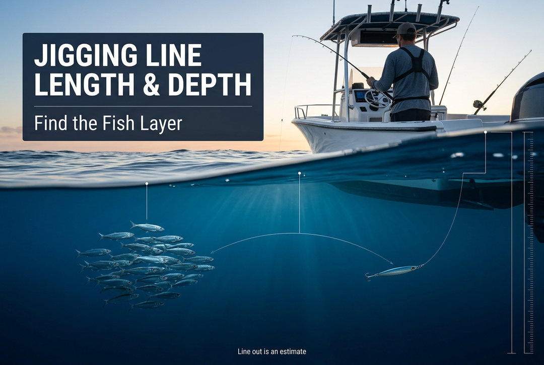 AI-generated split-level ocean illustration of a boat angler, suspended fish and a metal jig under the English heading Jigging Line Length and Depth.